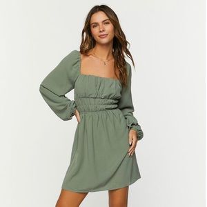 Smocked Peasant-Sleeve Mini Dress (Sage)